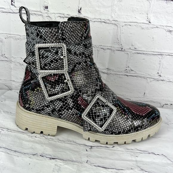 True Craft Pink Multi Text Mila Snakeskin Print Colorful Faux Leather Boots 7.5 - Picture 1 of 8